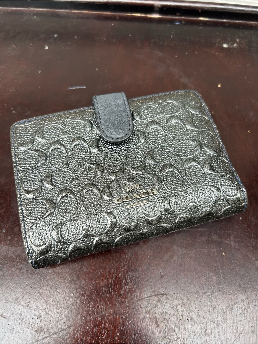 Coach Gunmetal Grey Embossed Signature Leather Card Holder